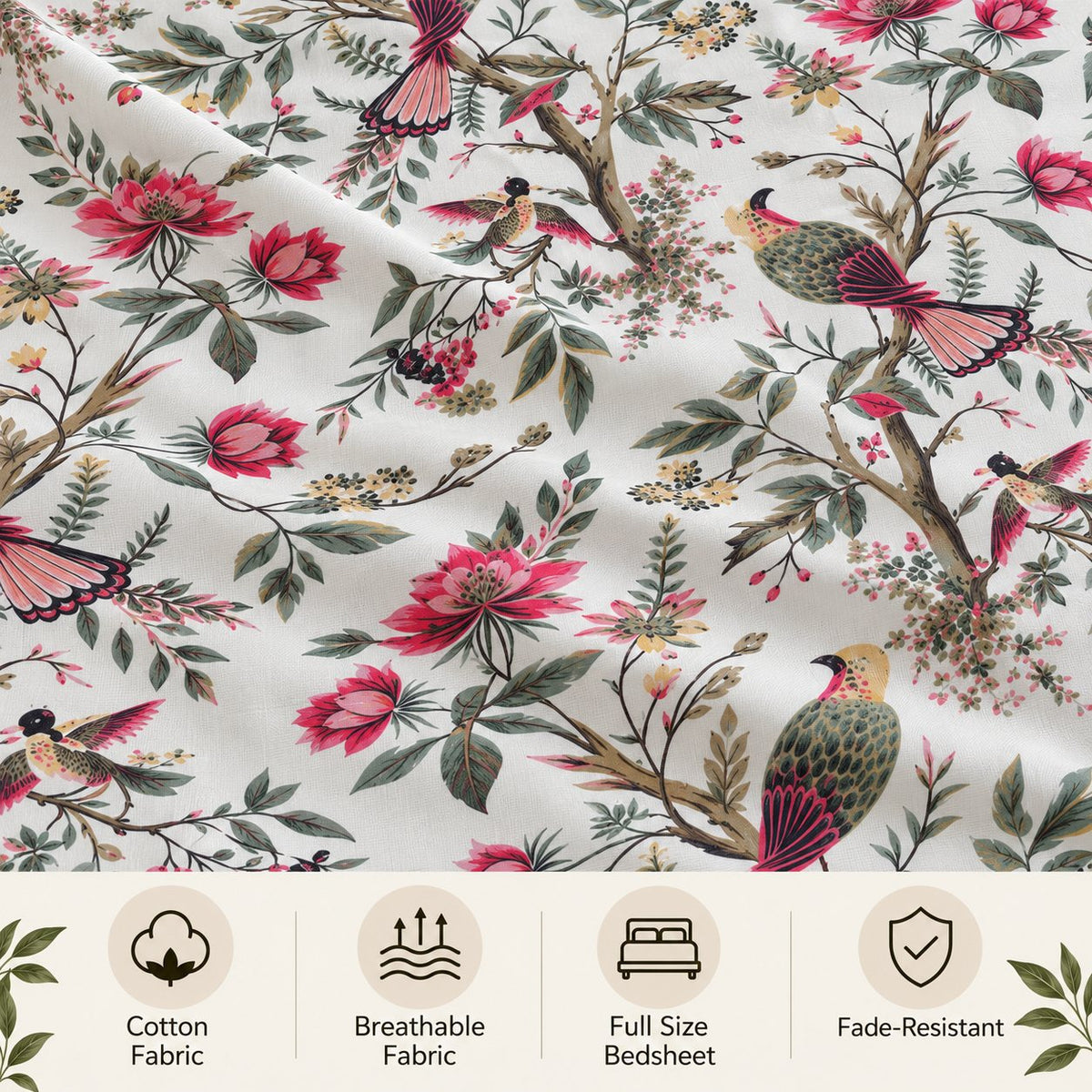 Songbird Bagh Cotton Bedsheet Set by Reet (white, pink, red, birds, floral)