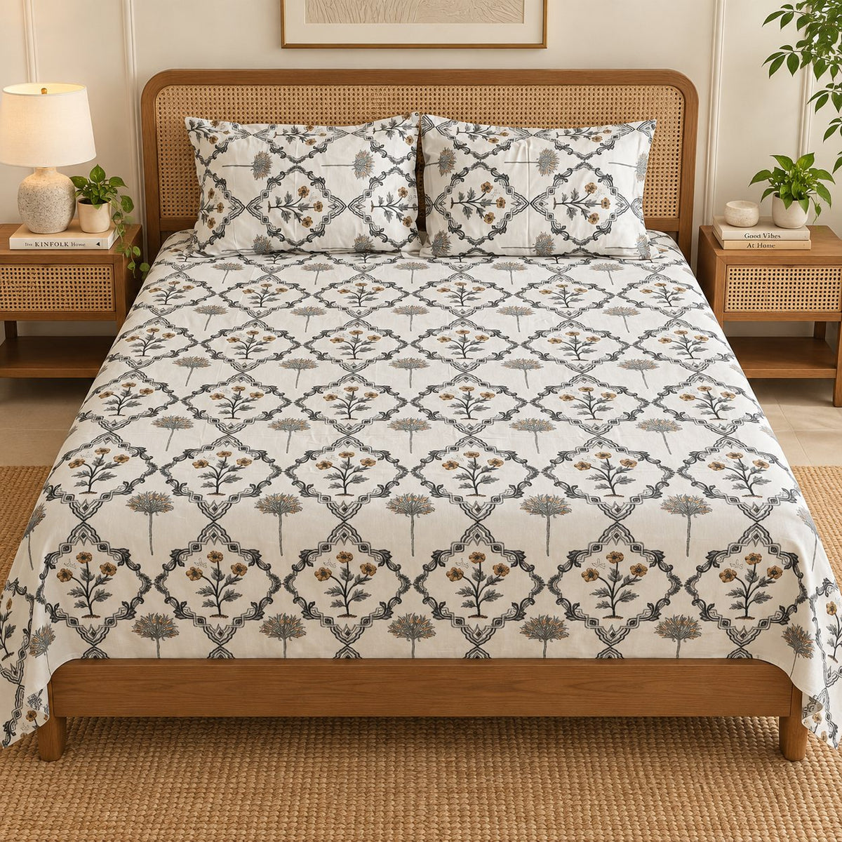 Saffron Bloom Cotton Bedsheet Set by Reet (white, grey, yellow, geometric)