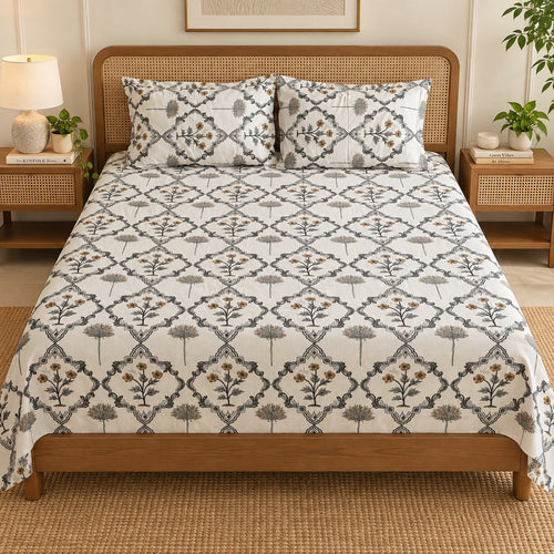 Saffron Bloom Cotton Bedsheet Set