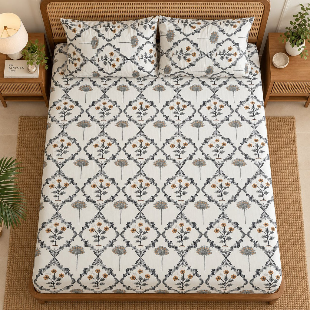 Saffron Bloom Cotton Bedsheet Set by Reet (white, grey, yellow, geometric)