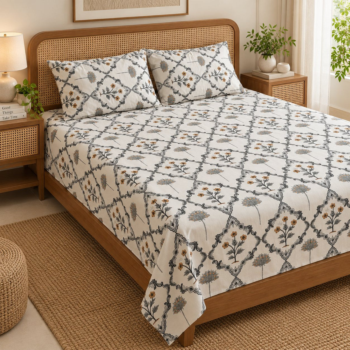Saffron Bloom Cotton Bedsheet Set by Reet (white, grey, yellow, geometric)