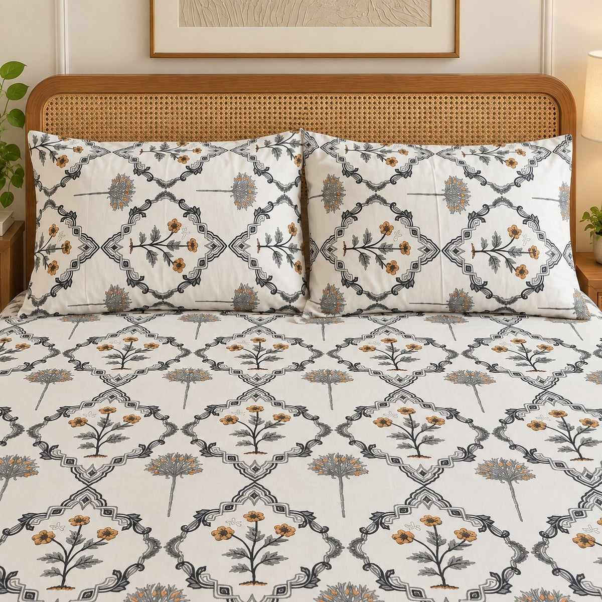 Saffron Bloom Cotton Bedsheet Set by Reet (white, grey, yellow, geometric)