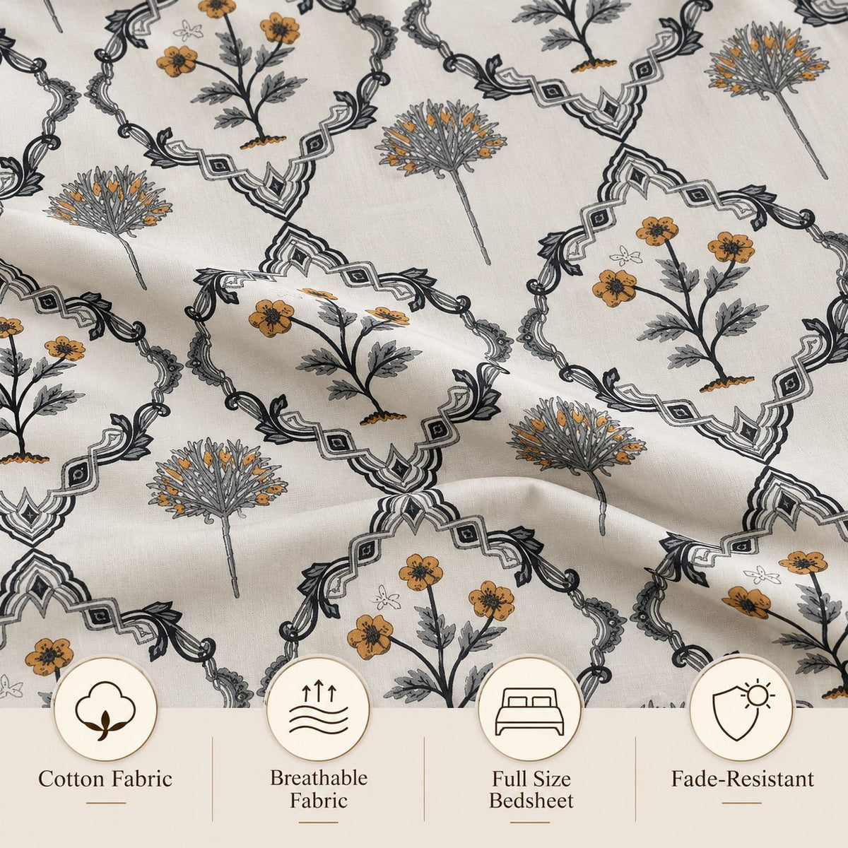 Saffron Bloom Cotton Bedsheet Set by Reet (white, grey, yellow, geometric)