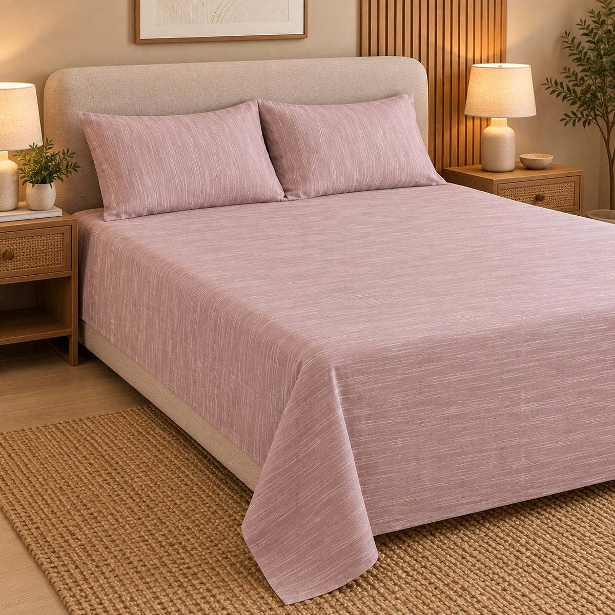 Light Blush Pink Linen-Touch Bedsheet Set by Reet (light pink, baby pink, pink)