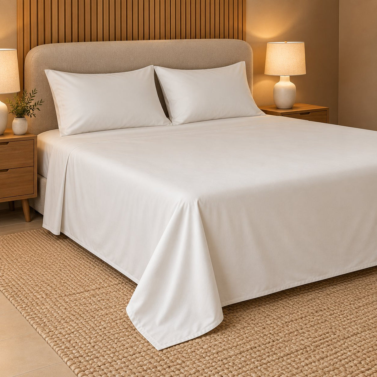 Pearl White Makhmali Cotton Sateen Bedsheet Set by Reet (300 TC cotton sateen king size bedsheet) — angled view