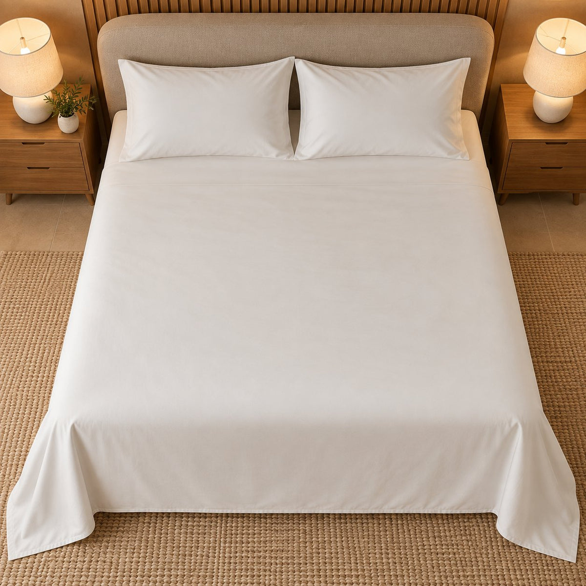 Pearl White Makhmali Cotton Sateen Bedsheet Set by Reet (300 TC cotton sateen king size bedsheet) — top view