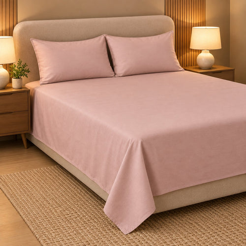 Blush Pink Makhmali Cotton Sateen Bedsheet Set by Reet (300 TC cotton sateen king size bedsheet) — angled view
