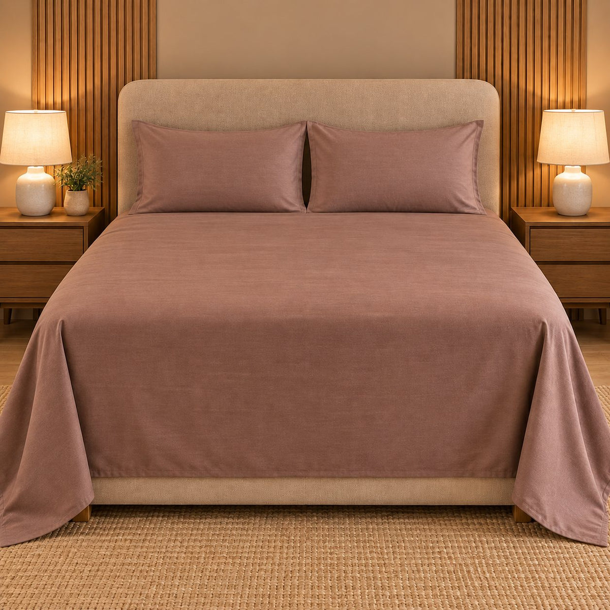 Dusty Mauve Makhmali Cotton Sateen Bedsheet Set by Reet (mauve, dusty pink, onion pink, brown)