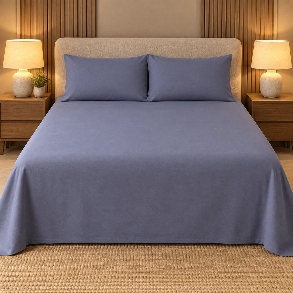 Slate Blue Makhmali Cotton Sateen Bedsheet Set by Reet (blue, grey blue, lavender blue)