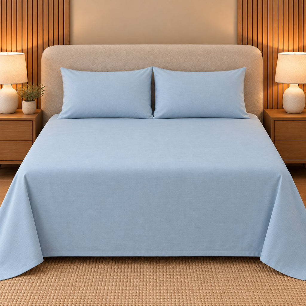 Sky Blue Makhmali Cotton Sateen Bedsheet Set by Reet (light blue, sky blue, blue)