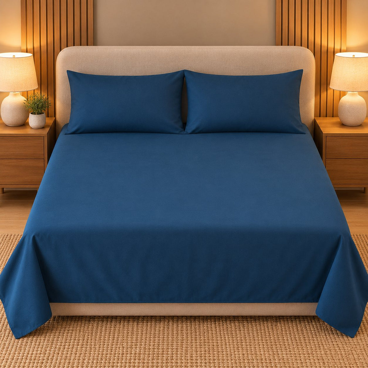 Peacock Blue Makhmali Cotton Sateen Bedsheet Set by Reet (dark blue, teal blue, blue)