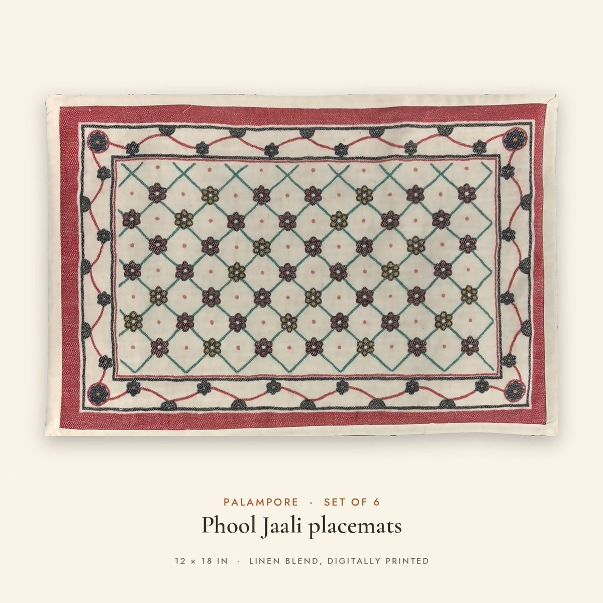Phool Jaali (Ivory) placemats set of 6 by Reet (table mats, 12 x 18 in) — single placemat close view