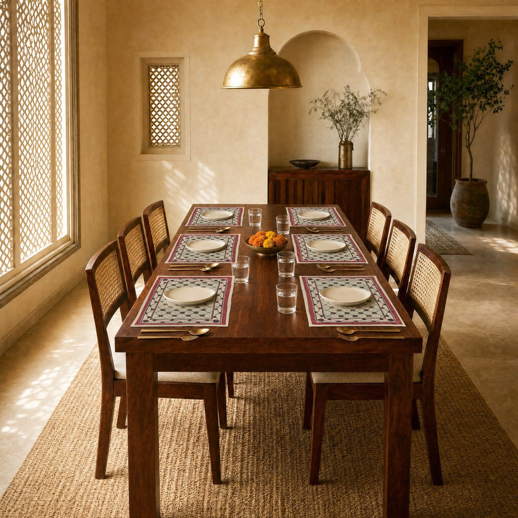 Phool Jaali (Ivory) placemats set of 6 by Reet (table mats, 12 x 18 in) — placemats on a dining table with plates