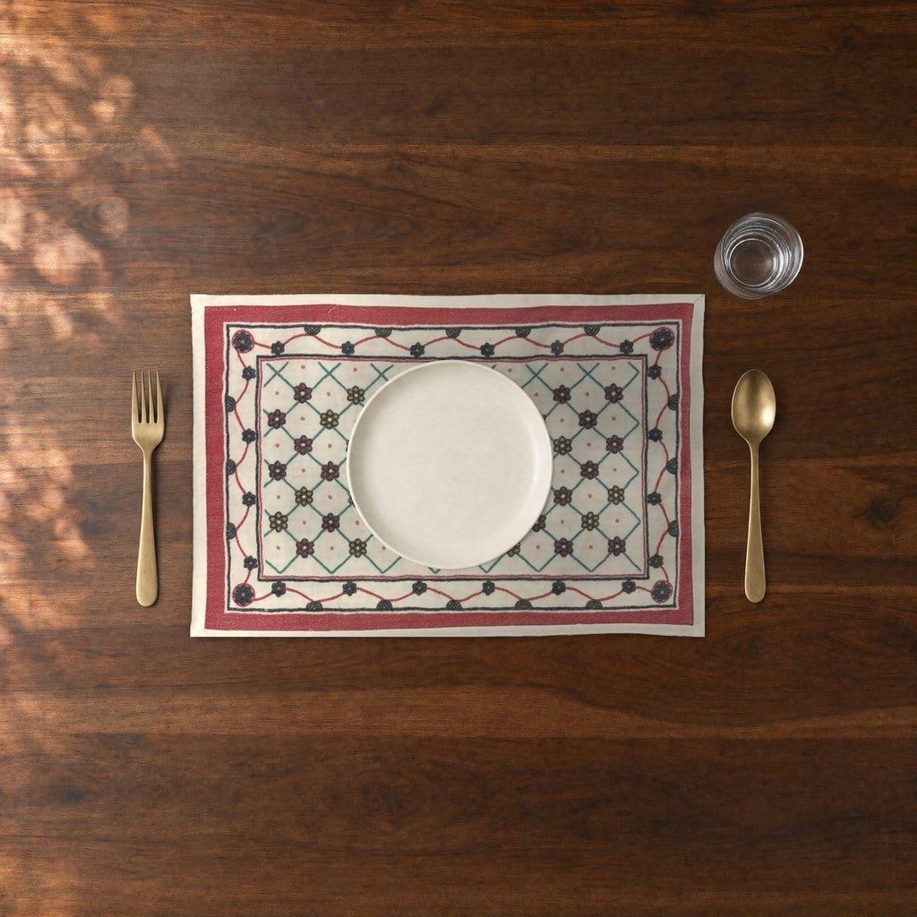 Phool Jaali (Ivory) placemats set of 6 by Reet (table mats, 12 x 18 in) — close-up of one place setting