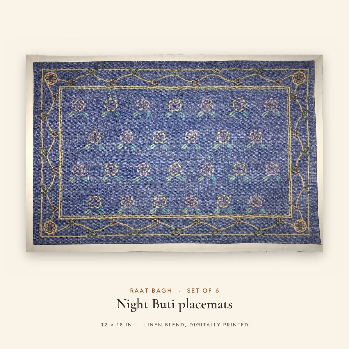 Night Buti (Blue) placemats set of 6 by Reet (table mats, 12 x 18 in) — single placemat close view