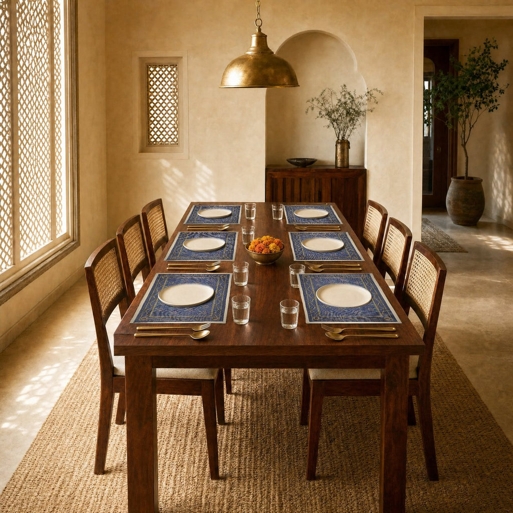 Night Buti (Blue) placemats set of 6 by Reet (table mats, 12 x 18 in) — placemats on a dining table with plates