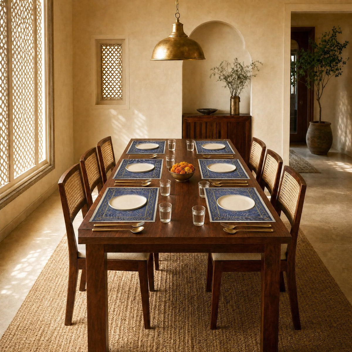 Night Buti (Blue) placemats set of 6 by Reet (table mats, 12 x 18 in) — placemats on a dining table with plates