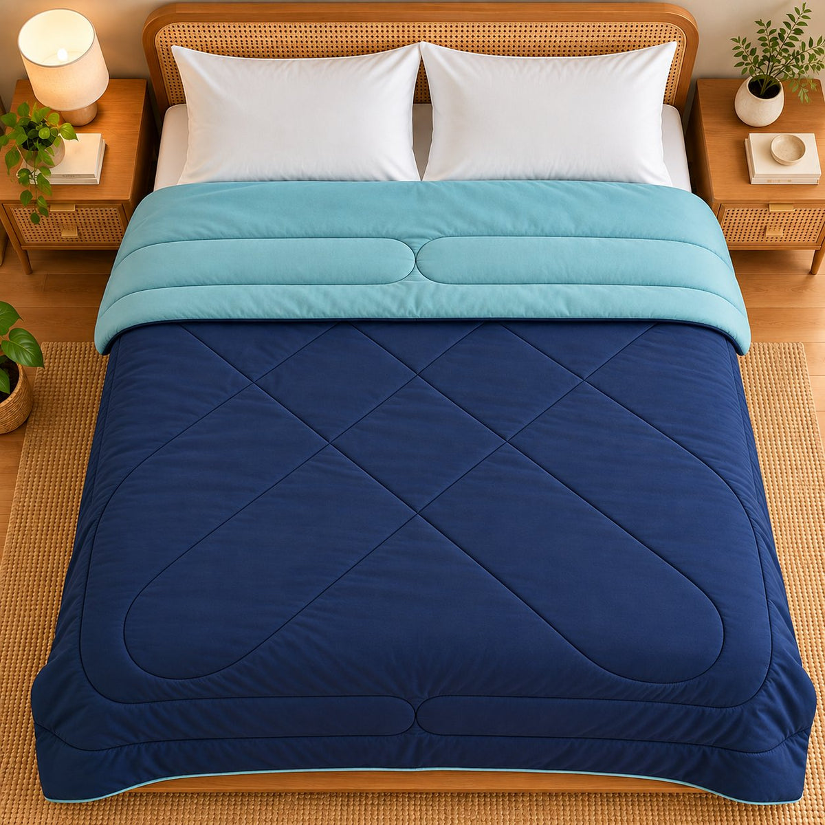 Navy & Aqua Sangam Reversible Comforter by Reet (reversible AC comforter, double bed 90x90) — folded to show both sides