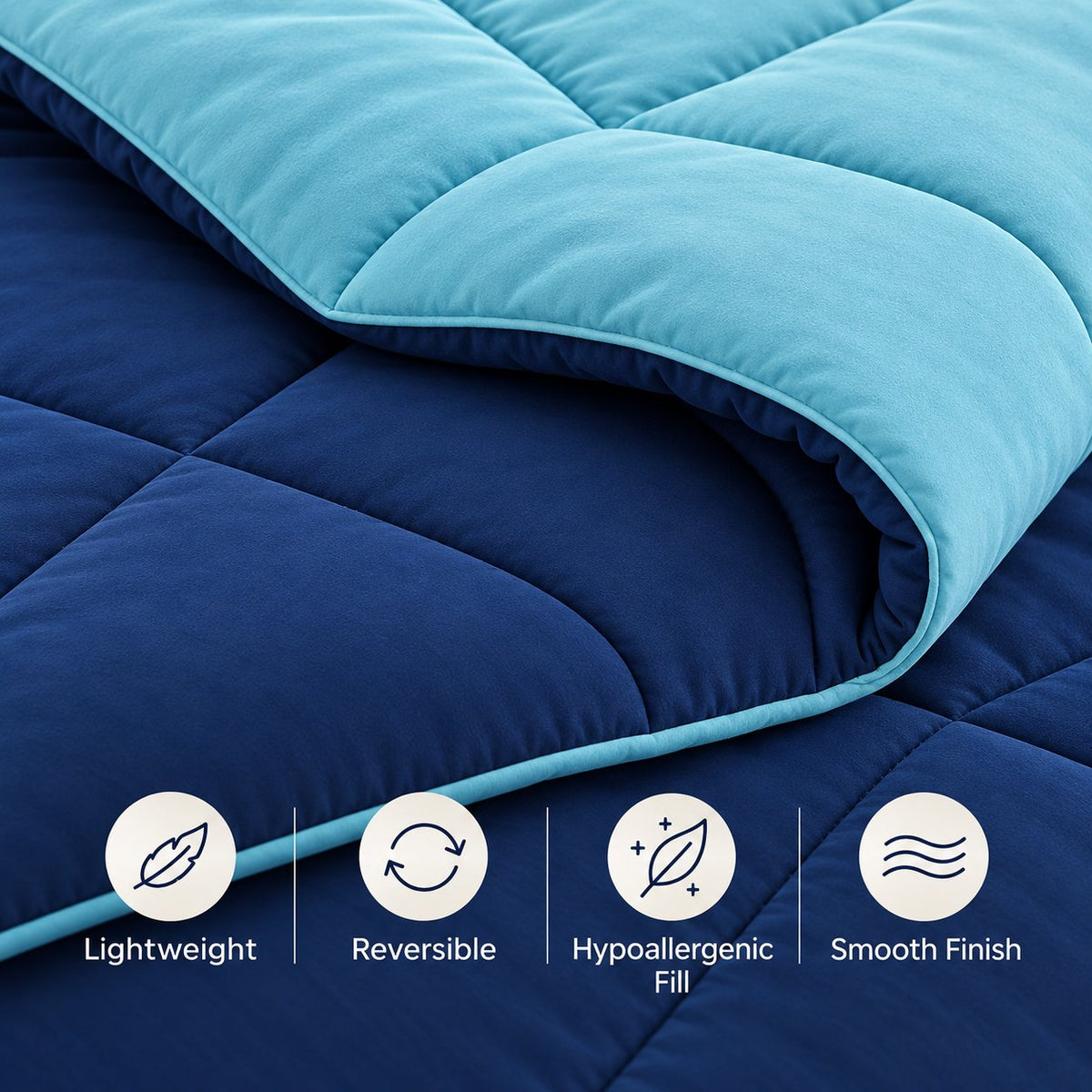 Navy & Aqua Sangam Reversible Comforter by Reet (reversible AC comforter, double bed 90x90) — features: lightweight, reversible, hypoallergenic fill