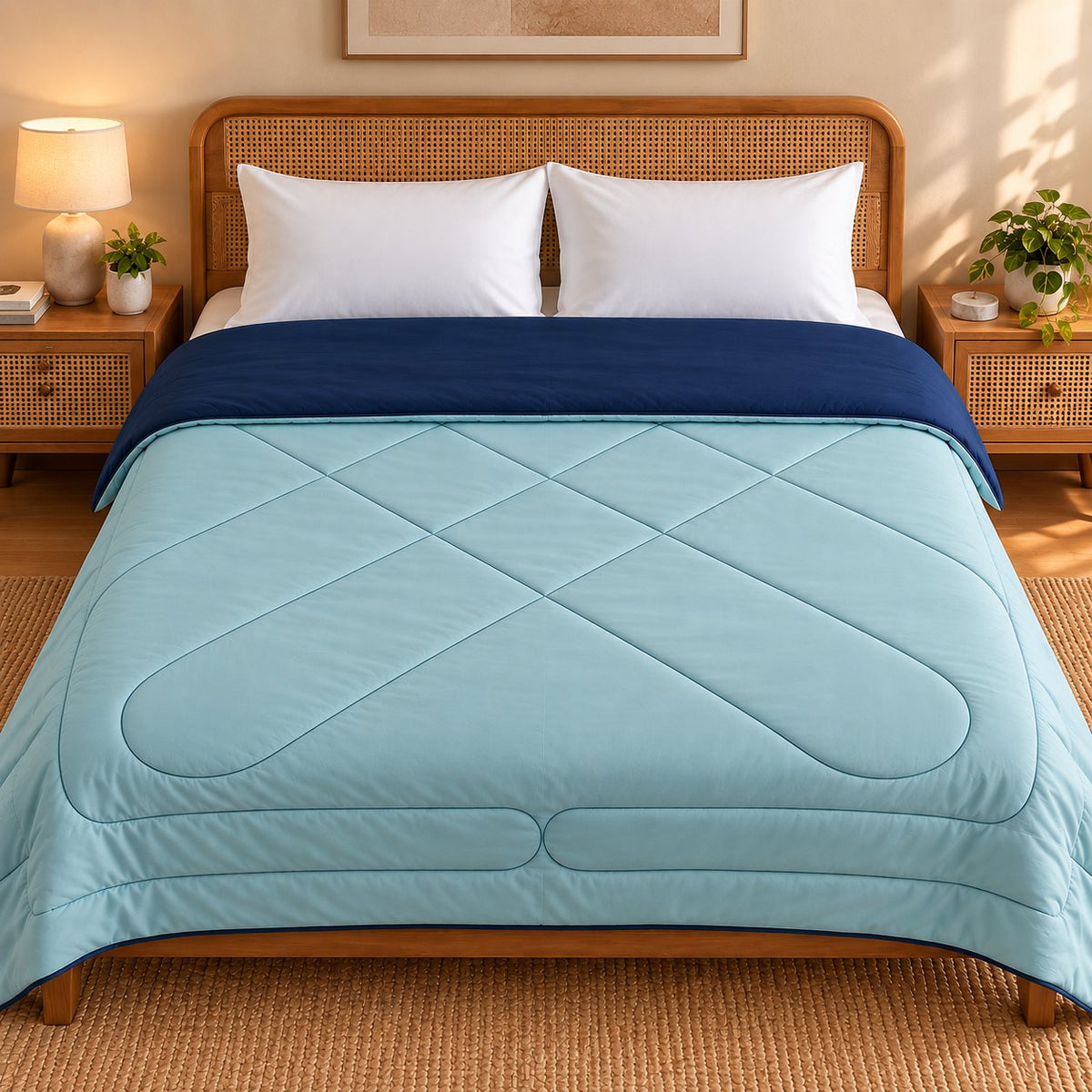 Navy & Aqua Sangam Reversible Comforter by Reet (reversible AC comforter, double bed 90x90) — side B (reverse) on the bed