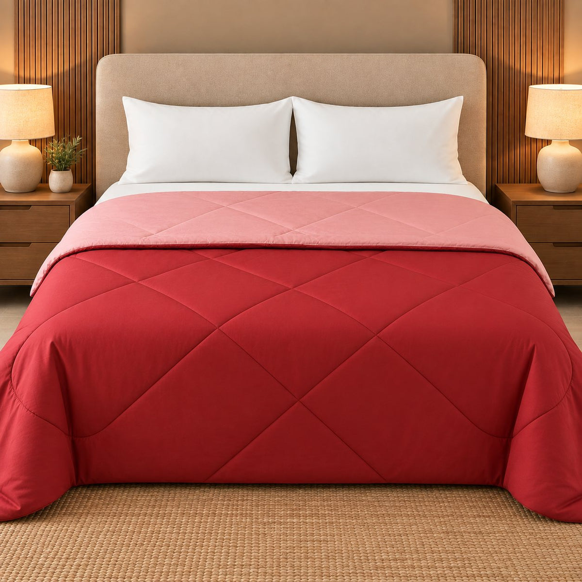 Crimson & Rose Sangam Reversible Comforter by Reet (red, pink) — front side