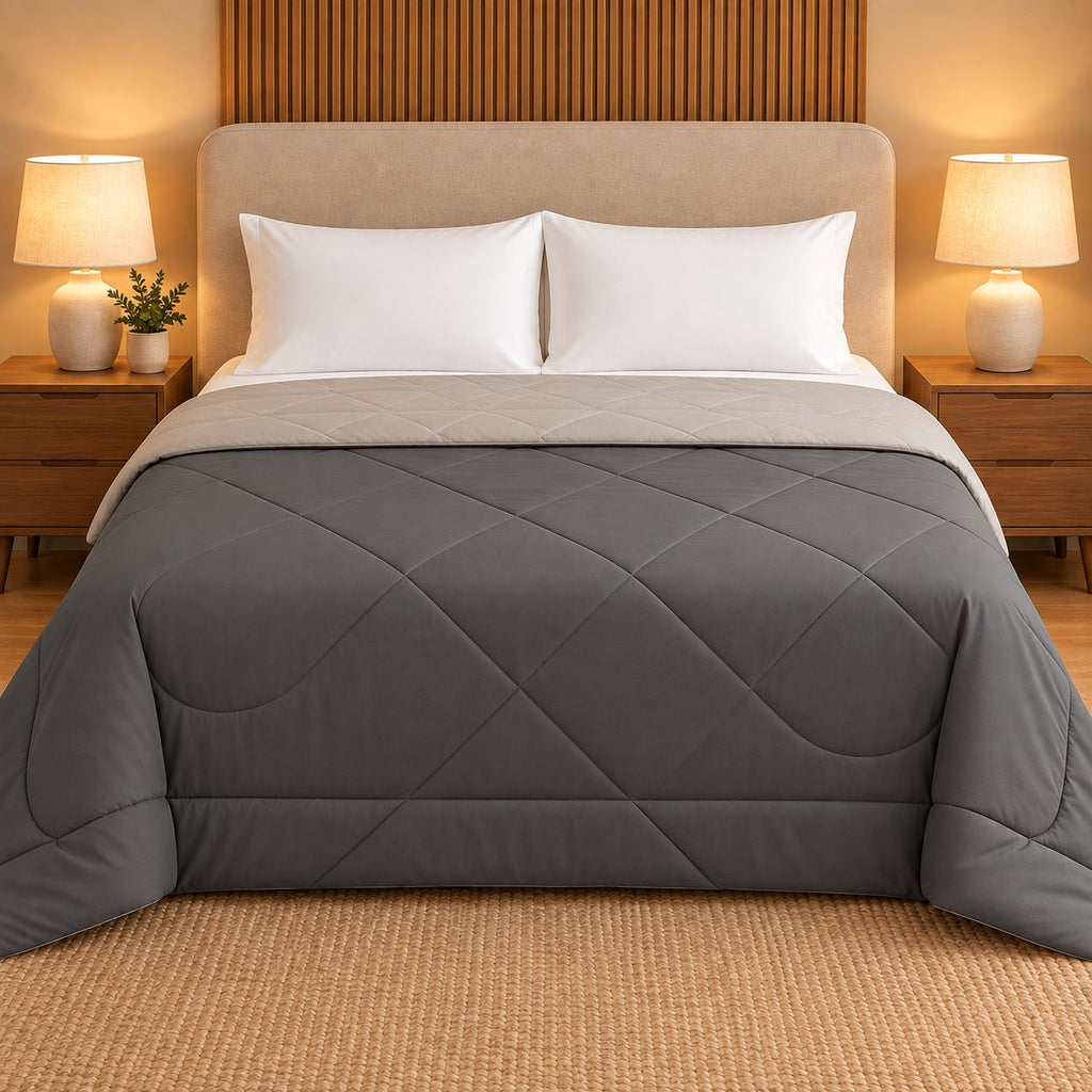 Charcoal & Silver Sangam Reversible Comforter by Reet (dark grey, light grey, grey) — front side