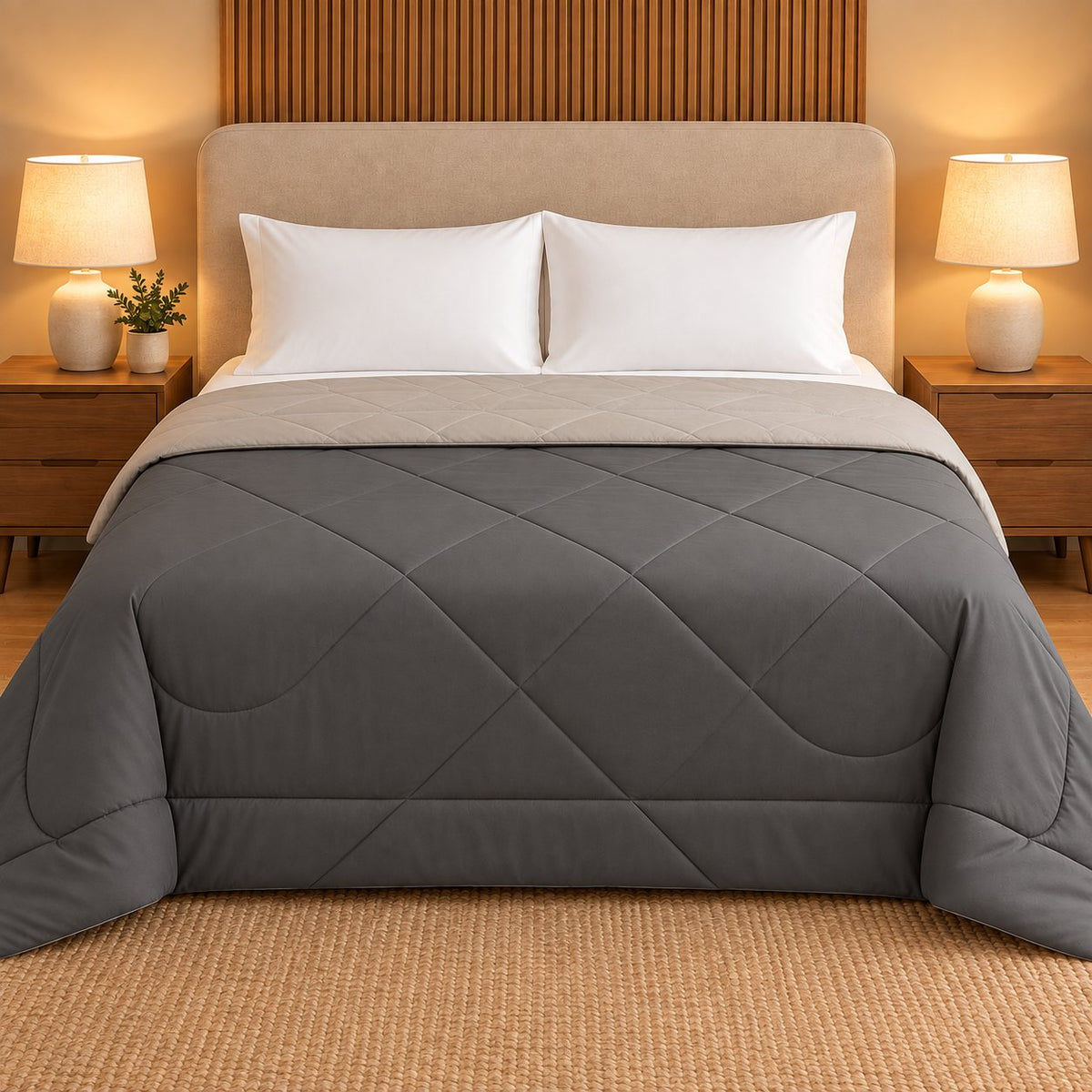 Charcoal & Silver Sangam Reversible Comforter by Reet (dark grey, light grey, grey) — front side