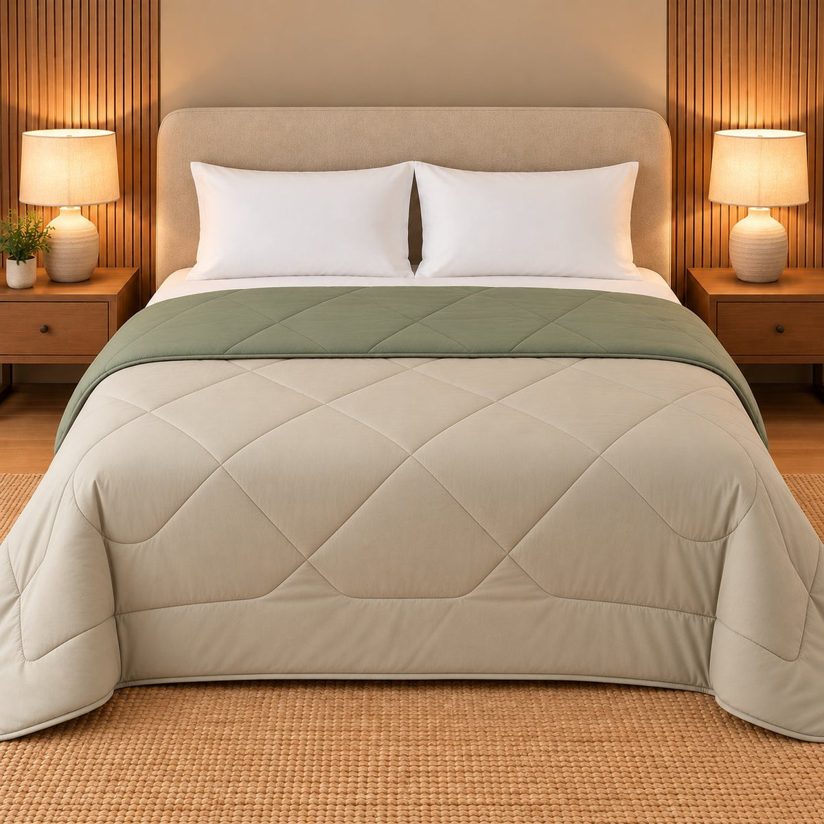 Sage & Sand Sangam Reversible Comforter by Reet (green, olive green, beige, cream) — reverse side