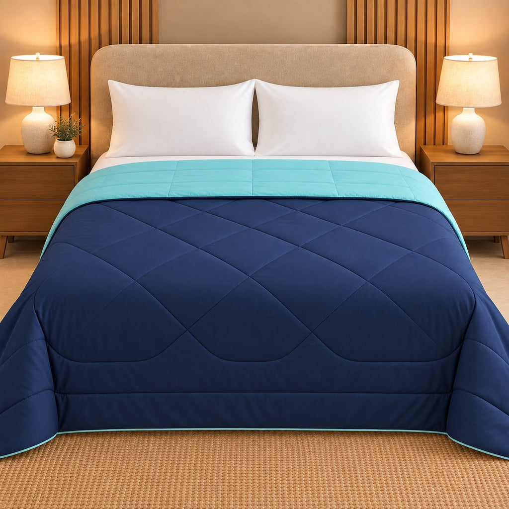 Navy & Aqua Sangam Reversible Comforter by Reet (dark blue, navy blue, light blue, sky blue, aqua) — front side