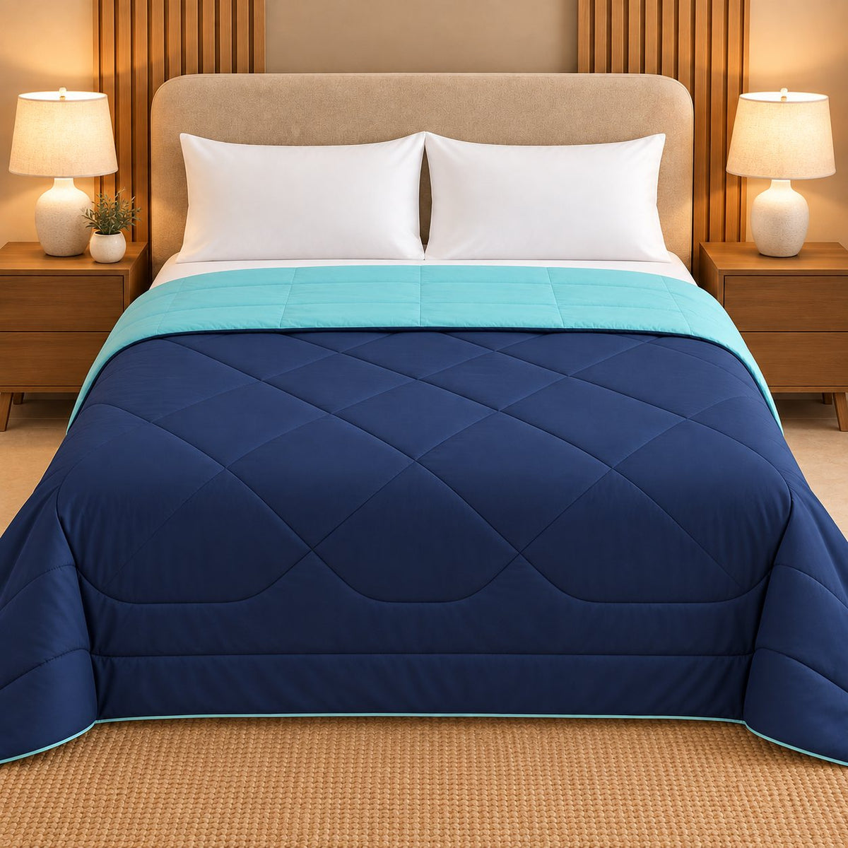 Navy & Aqua Sangam Reversible Comforter by Reet (dark blue, navy blue, light blue, sky blue, aqua) — front side