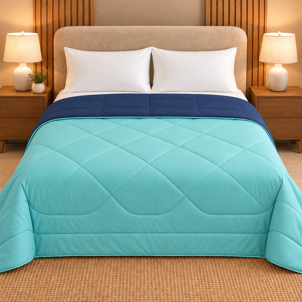 Navy & Aqua Sangam Reversible Comforter by Reet (dark blue, navy blue, light blue, sky blue, aqua) — reverse side