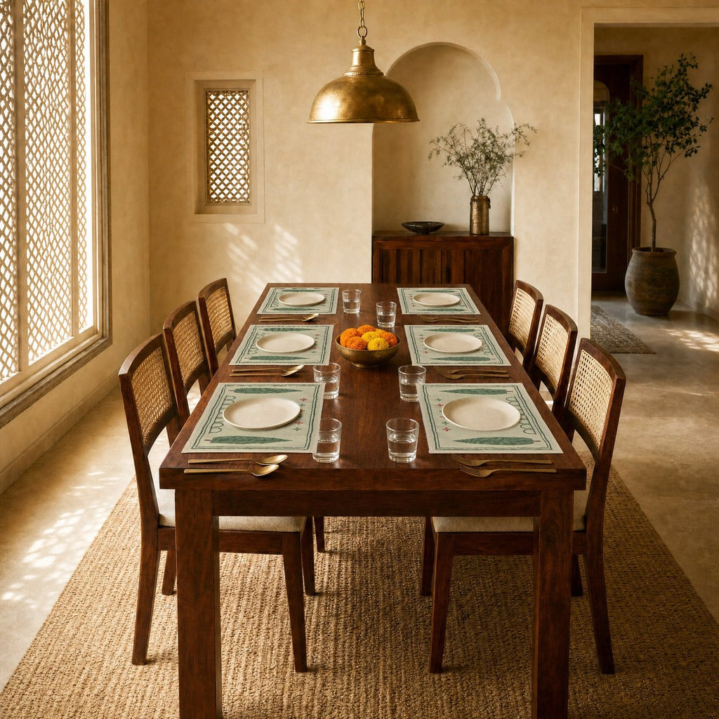 Cypress Pair (Sage Green) placemats set of 6 by Reet (table mats, 12 x 18 in) — placemats on a dining table with plates