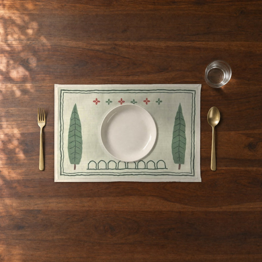 Cypress Pair (Sage Green) placemats set of 6 by Reet (table mats, 12 x 18 in) — close-up of one place setting