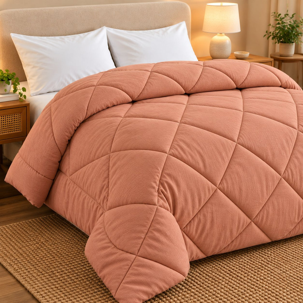 Peach Shir-o-Shakar Seersucker Comforter by Reet (peach seersucker AC comforter, light orange / pink, double bed 90x100) — angled view