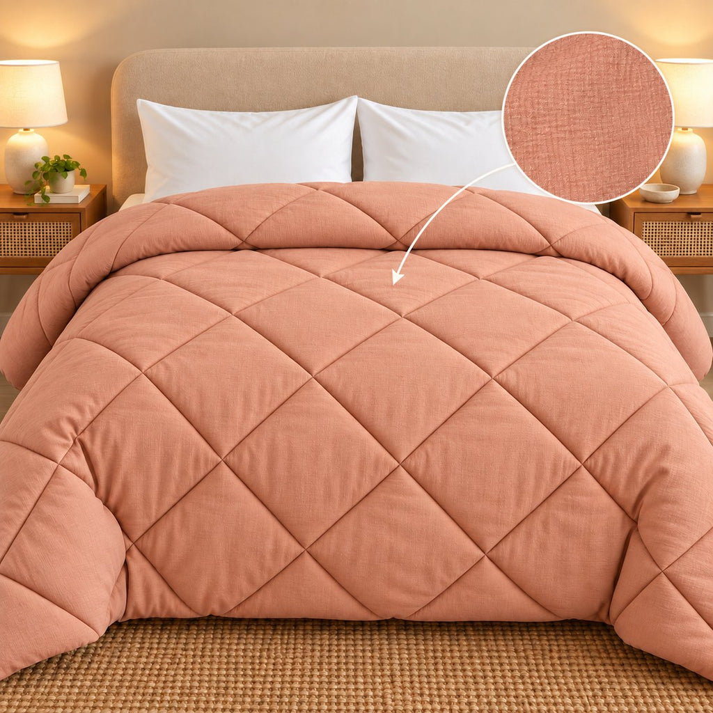 Peach Shir-o-Shakar Seersucker Comforter by Reet (peach seersucker AC comforter, light orange / pink, double bed 90x100) — front view on the bed with seersucker texture close-up