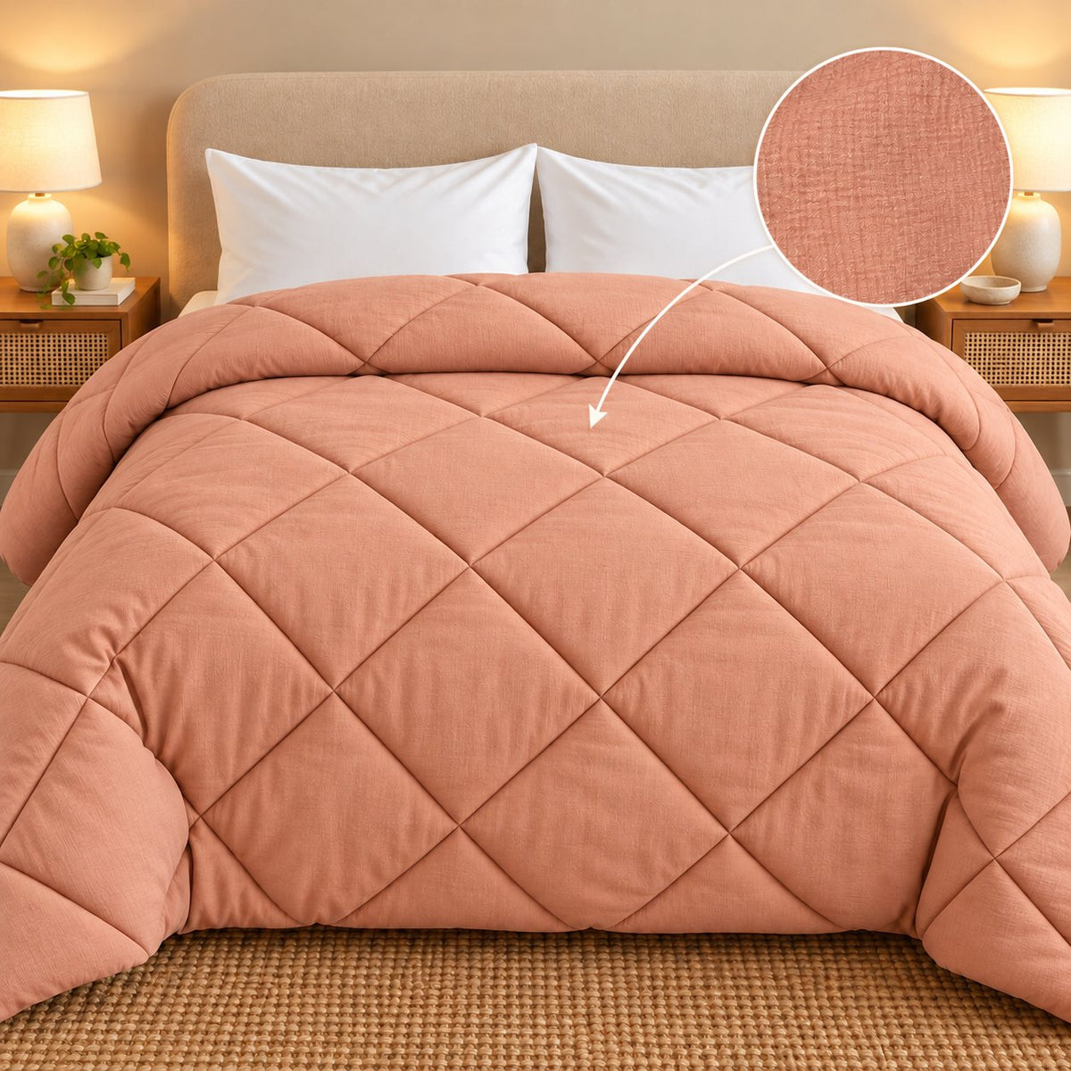 Peach Shir-o-Shakar Seersucker Comforter by Reet (peach seersucker AC comforter, light orange / pink, double bed 90x100) — front view on the bed with seersucker texture close-up