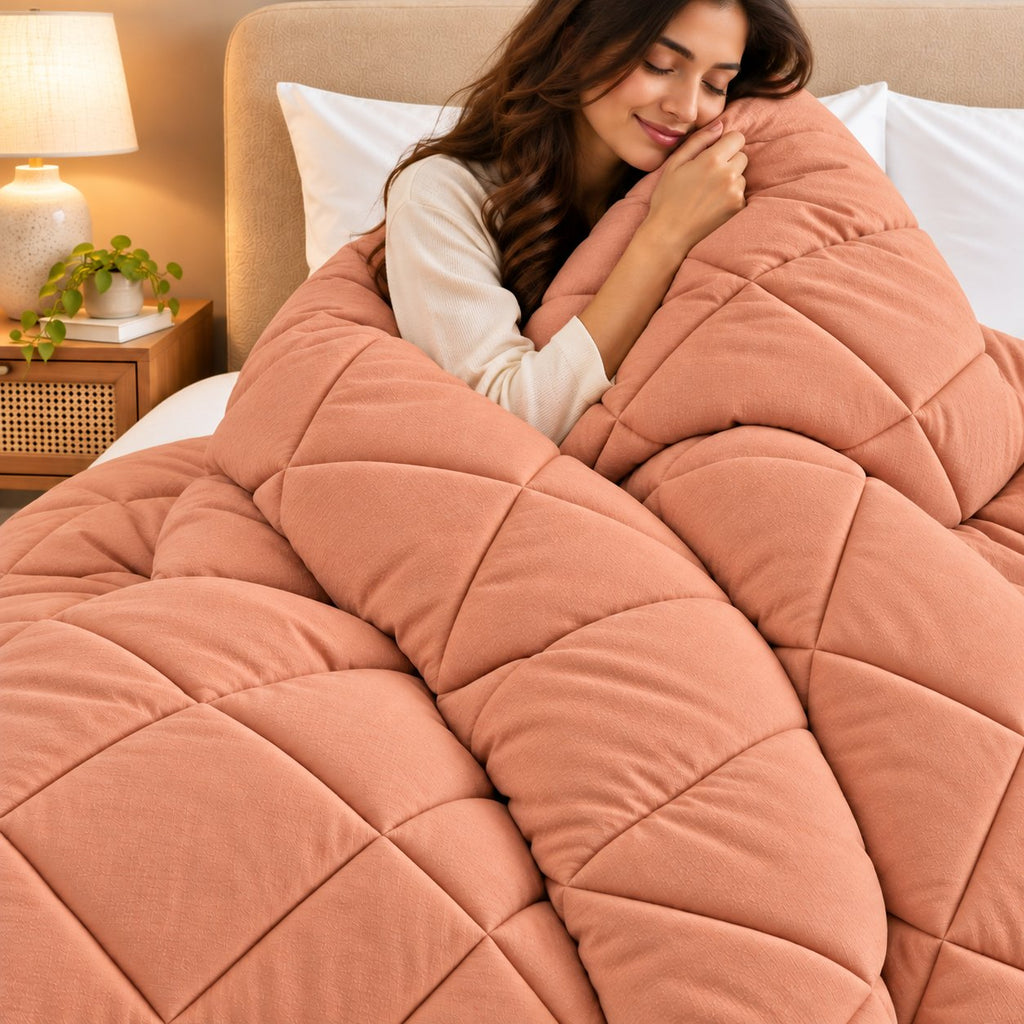 Peach Shir-o-Shakar Seersucker Comforter by Reet (peach seersucker AC comforter, light orange / pink, double bed 90x100) — lifestyle: snuggled in