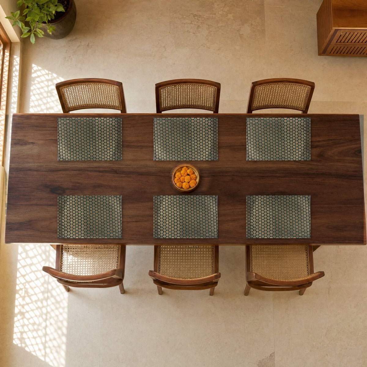 Ashrafi (Emerald Green) placemats set of 6 by Reet (table mats, 12 x 18 in) — set of 6 placemats laid on a dining table