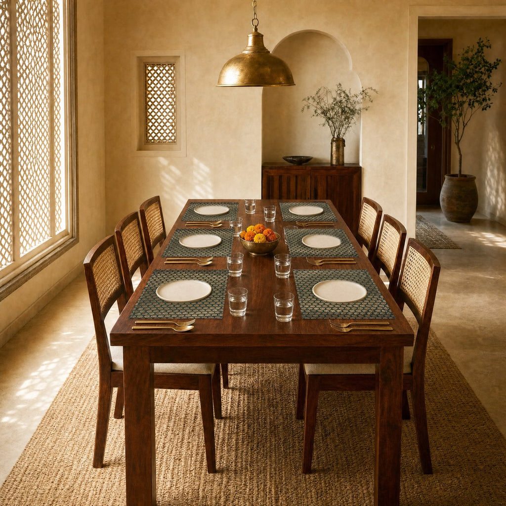 Ashrafi (Emerald Green) placemats set of 6 by Reet (table mats, 12 x 18 in) — placemats on a dining table with plates