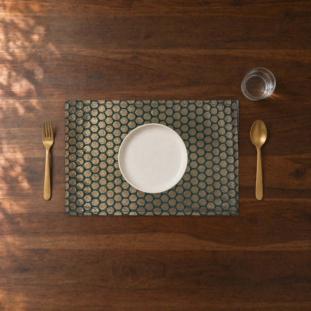 Ashrafi (Emerald Green) placemats set of 6 by Reet (table mats, 12 x 18 in) — close-up of one place setting