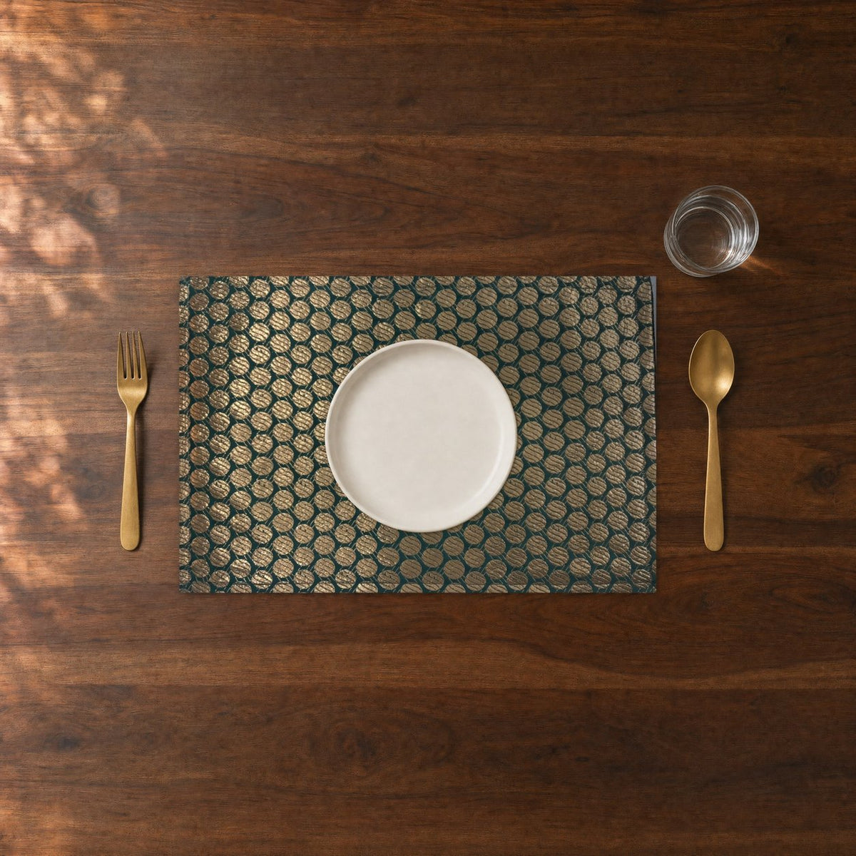 Ashrafi (Emerald Green) placemats set of 6 by Reet (table mats, 12 x 18 in) — close-up of one place setting