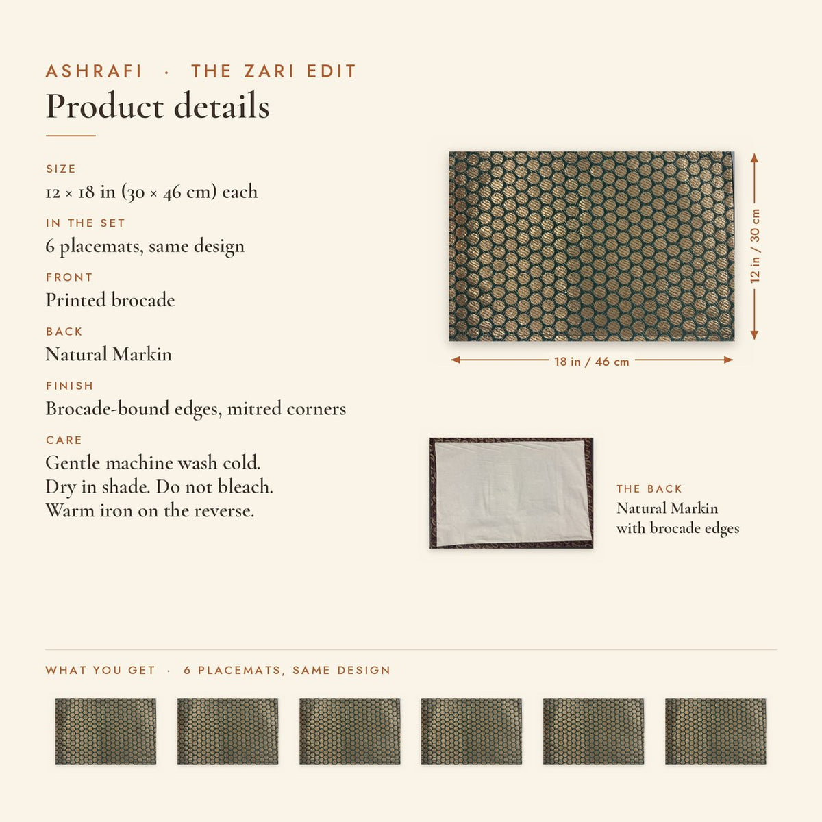 Ashrafi (Emerald Green) placemats set of 6 by Reet (table mats, 12 x 18 in) — product details and size 12 x 18 in