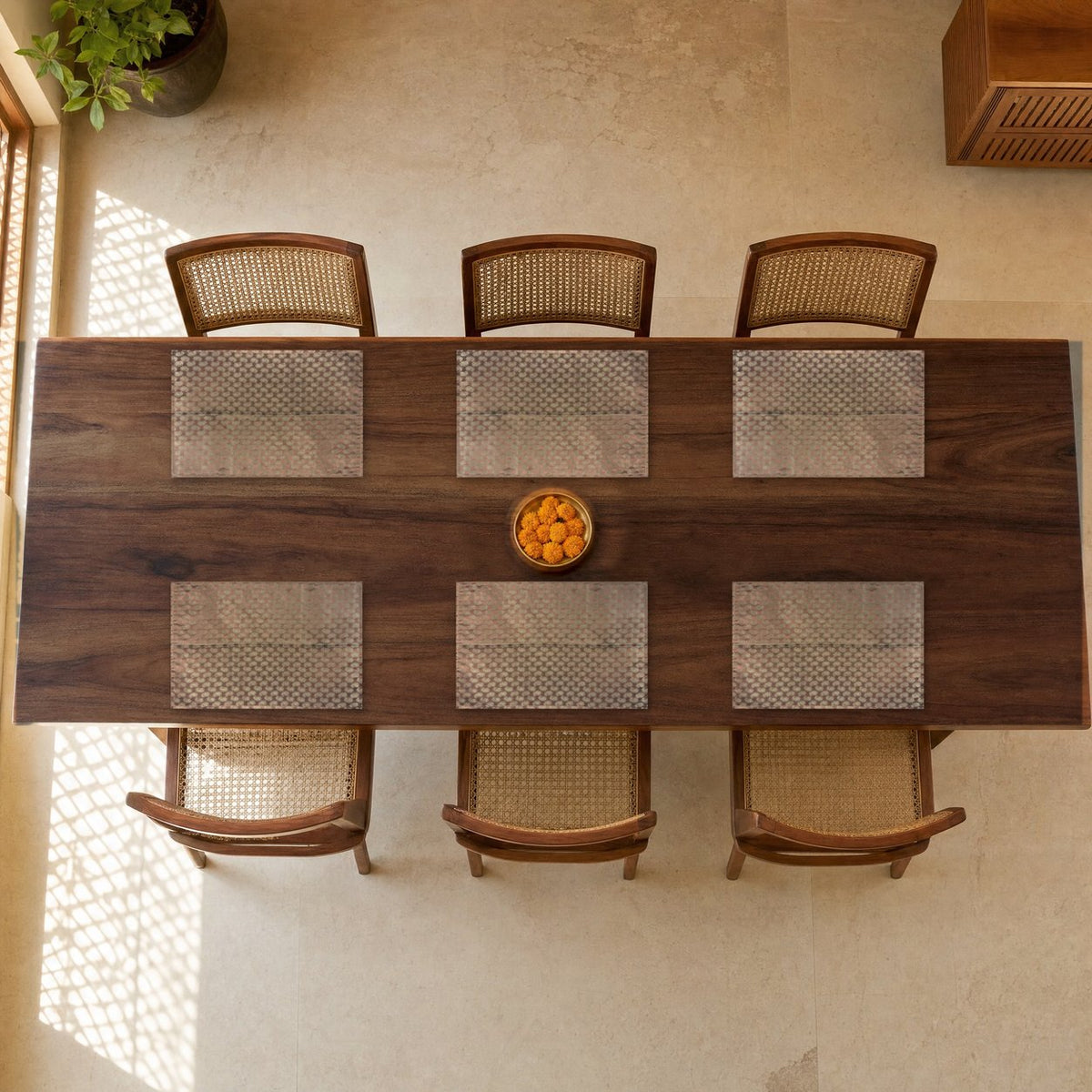 Kairi (Peach) placemats set of 6 by Reet (table mats, 12 x 18 in) — set of 6 placemats laid on a dining table