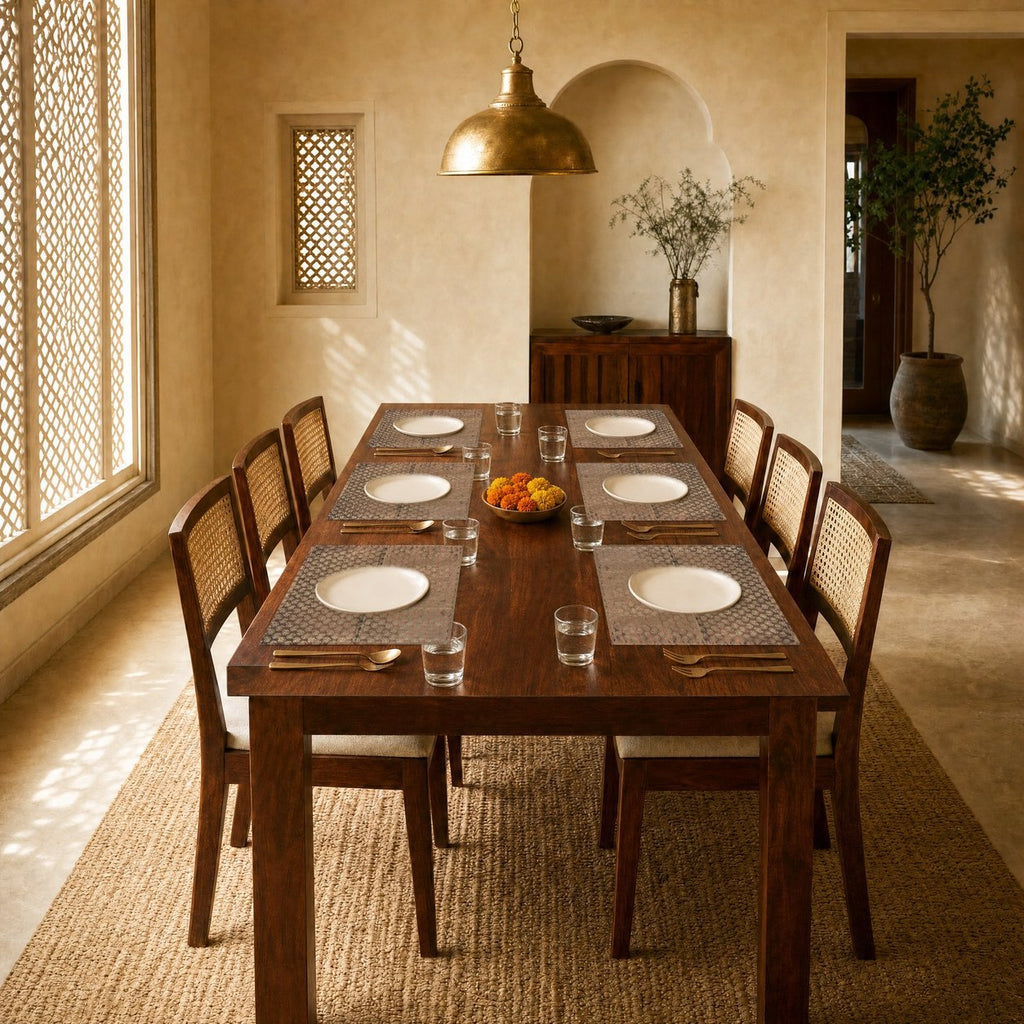 Kairi (Peach) placemats set of 6 by Reet (table mats, 12 x 18 in) — placemats on a dining table with plates