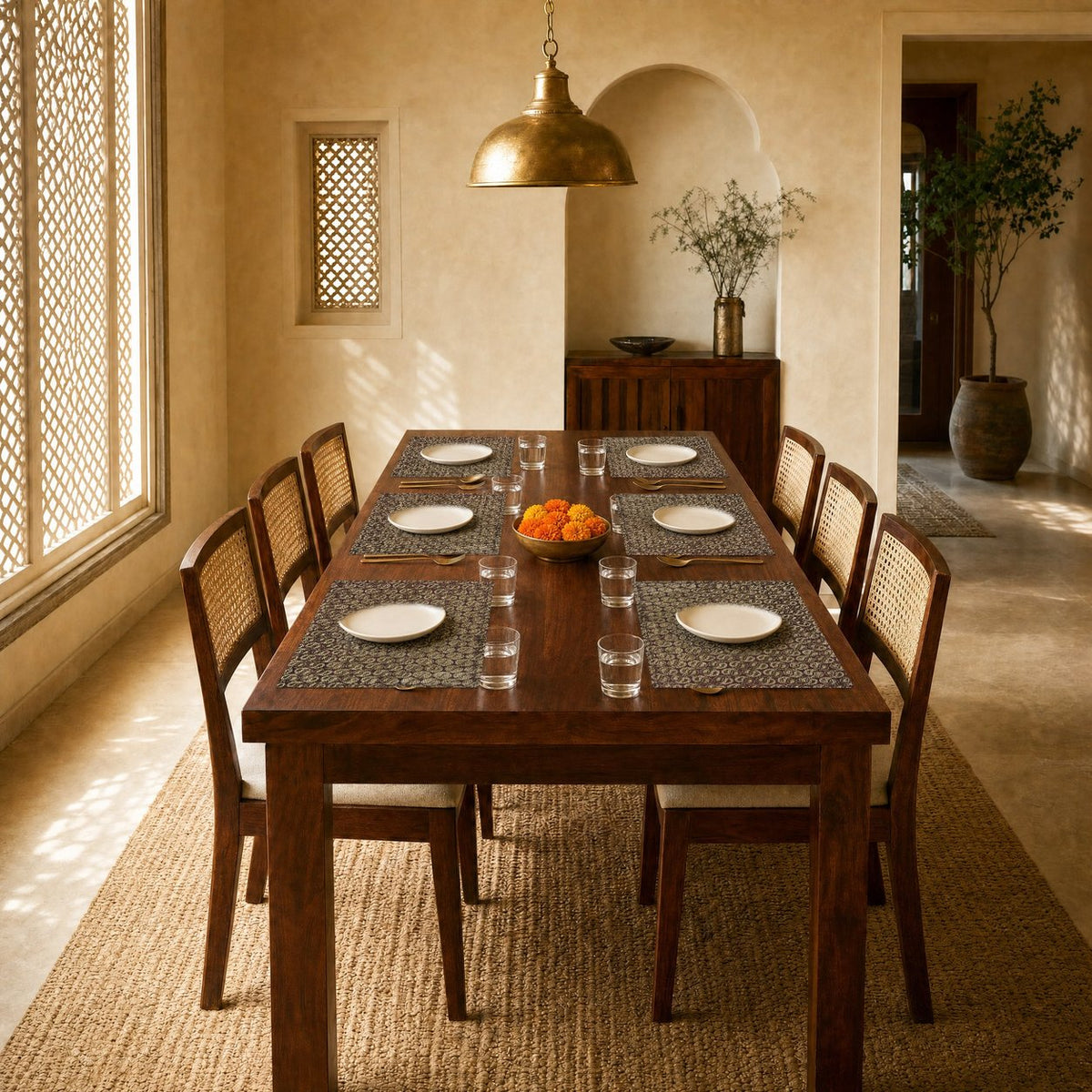 Lehar (Maroon) placemats set of 6 by Reet (table mats, 12 x 18 in) — placemats on a dining table with plates