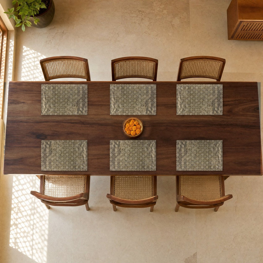 Mohur (Gold) placemats set of 6 by Reet (table mats, 12 x 18 in) — set of 6 placemats laid on a dining table