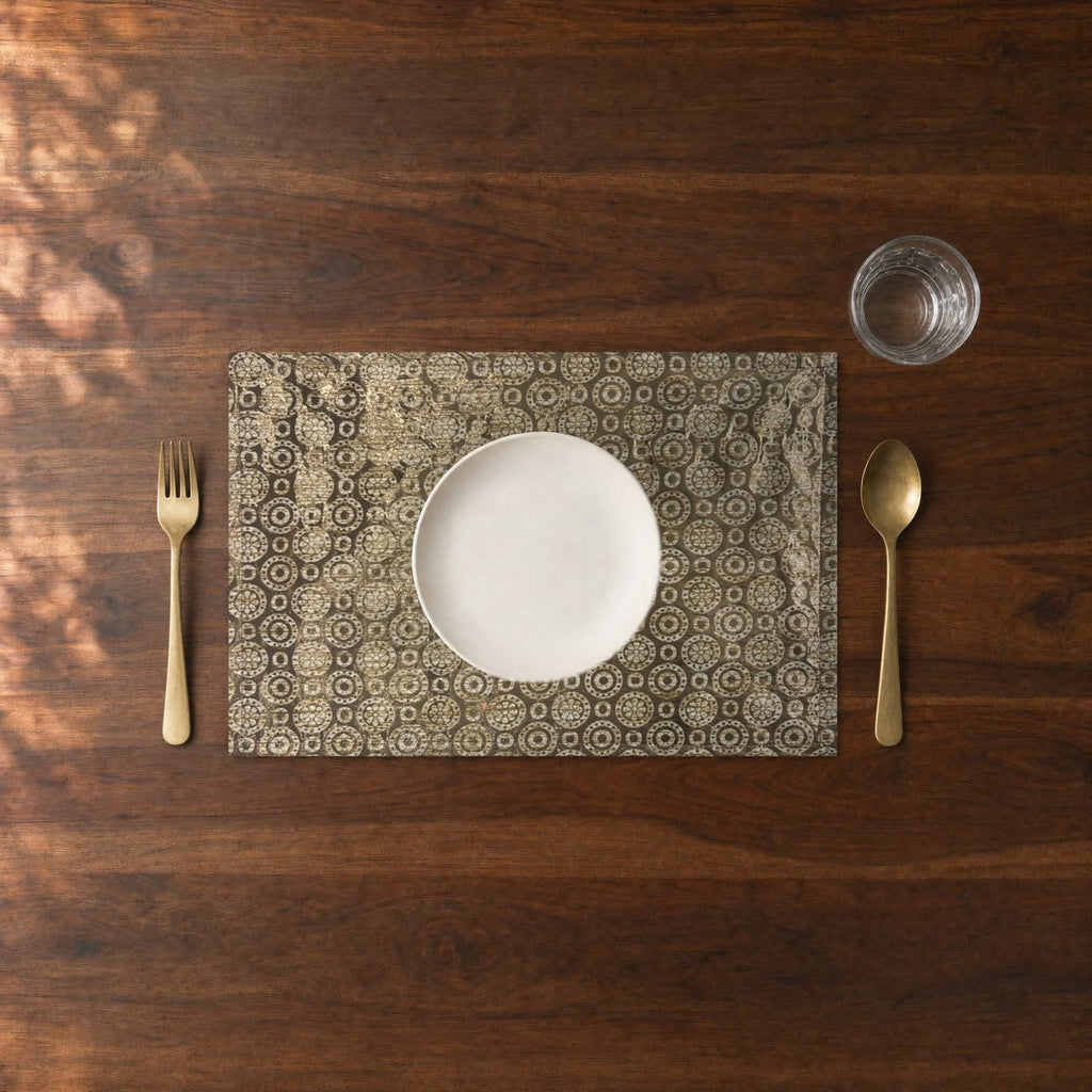 Mohur (Gold) placemats set of 6 by Reet (table mats, 12 x 18 in) — close-up of one place setting