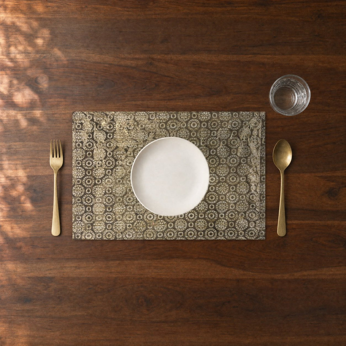 Mohur (Gold) placemats set of 6 by Reet (table mats, 12 x 18 in) — close-up of one place setting